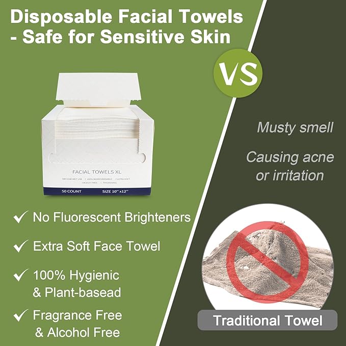KODAMO Disposable Face Towels – 2 Pack (100 Count) – Ultra Soft & Thick Biodegradable Makeup Remover Cloths – Lint-Free Facial Cleansing Cloths in Paper Box