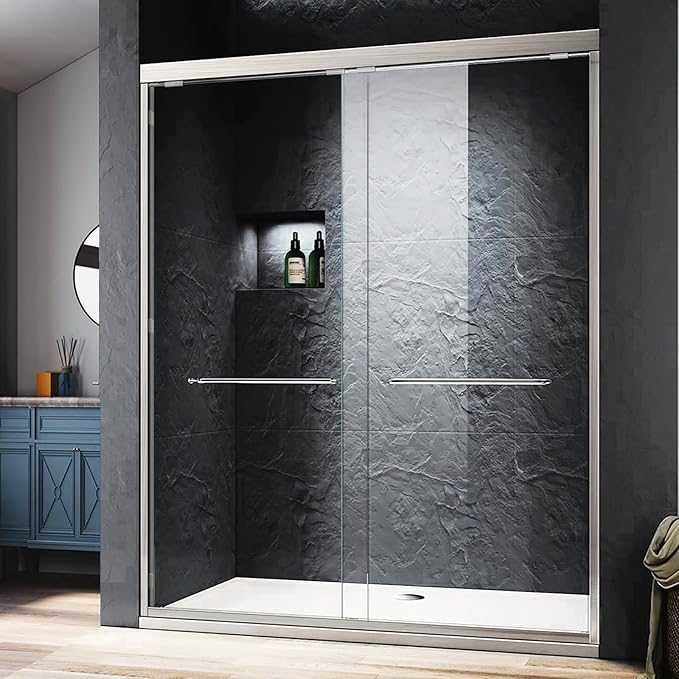 Bathroom Sliding Door 56-60 in. W x 72 in. H,Brushed Nickel Shower Door with 1/4'' Thickness Easy Clean Tempered Glass,Anti-Rust Double Sliding Glass Shower Enclosure