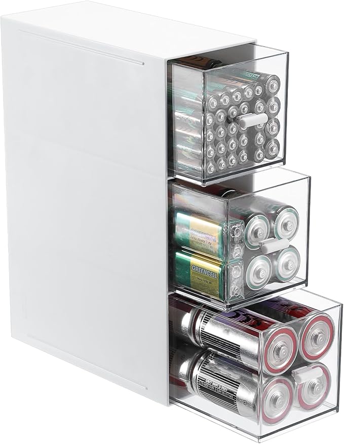 BTSKY Acrylic Battery Organizer for AA, AAA, 9V, C, D Batteries, Multipurpose Storage Box with 3 Drawers, Household Desk Holder for Common Battery Types - White, 1 Pack (Batteries Not Included)