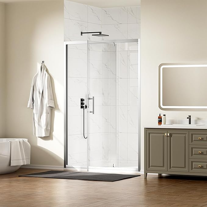 WinZo 47-48" W ×72" H Pivot Shower Door, 1/4"(6mm) SGCC Clear Tempered Glass Shower Door with Explosion Film, Nano Easy-Clean Coating, Reversible Installation, Brushed Nickel