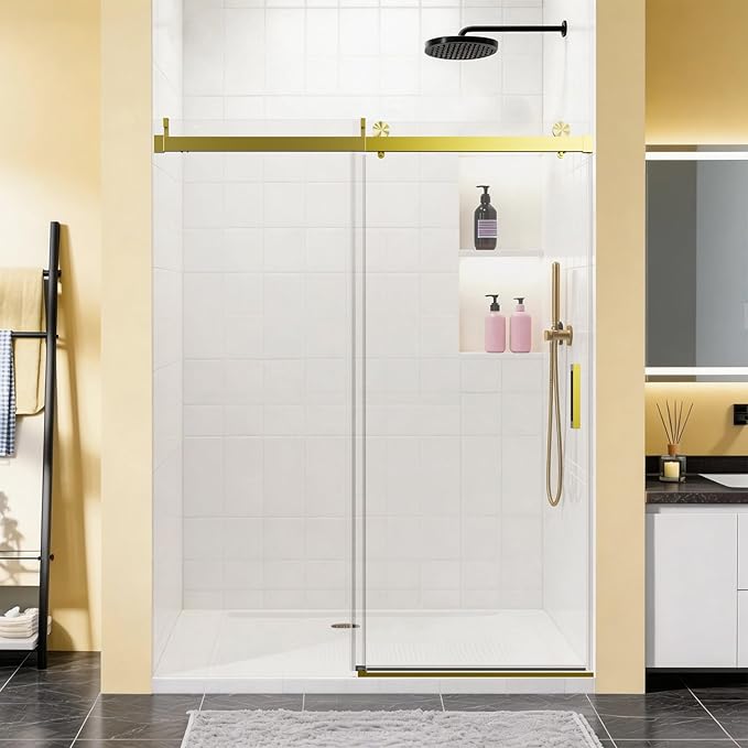 56-60" W x 76" H Frameless Soft-Close Sliding Shower Door, 3/8" (10mm) SGCC Tempered Glass, Reversible Install, Brushed Gold, Elegant Bathroom Upgrade