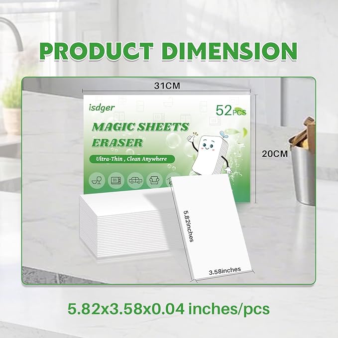 52 PCS Magic Sheet Eraser Sponge, GRS Certified, Ultra Thin for Cleaning Hard-to-Reach Place, Disposable & Portable, Deep Clean with Water Only for Cup Plate Sink Kitchen Bathroom