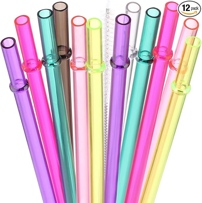 Dakoufish 13" Long Reusable Plastic Replacement Drinking Straws for 40 oz,30 oz & 24 oz Mason Jar,Tumblers, Set of 12 with Cleaning Brush (13inch,7color)
