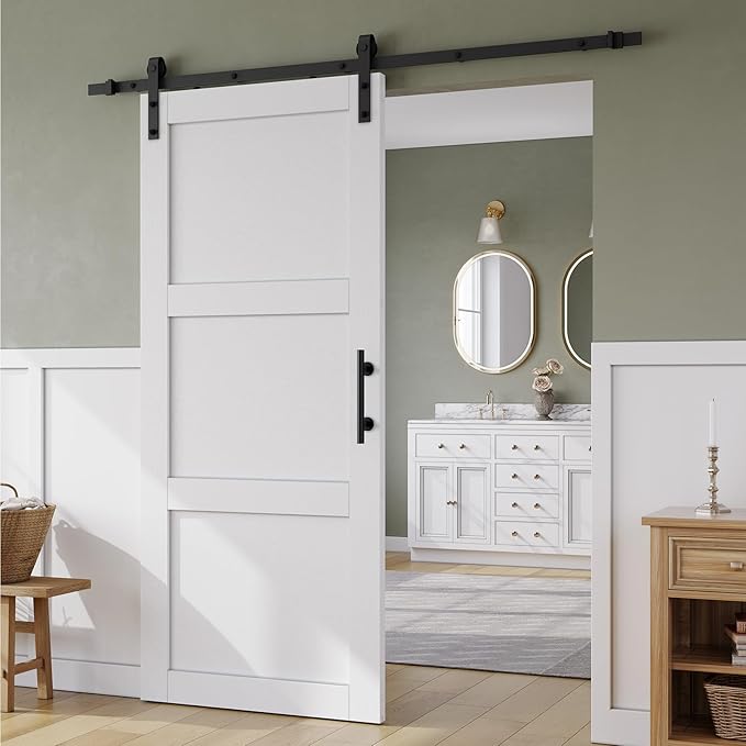 SmartStandard 36in x 84in Sliding Barn Door with 6.6FT Barn Door Hardware Track Kit & Handle, Waterproof PVC Surface, Pre-Drilled Holes Easy to Assemble, White, Solid, MDF, 3 Panel