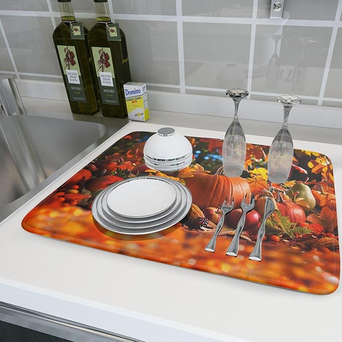Fall Harvest Pumpkin Dish Drying Mat for Kitchen Counter,Thanksgiving Maple Leaves Sunflower Drying Mat 18 x 24 Inch with Absorbent Reversible Microfiber Dish Drying Pad for Coffee Bar