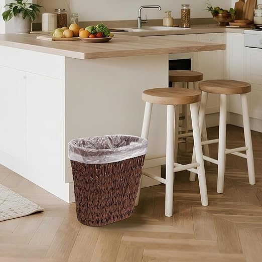 Wicker Trash Can,Waterproof Bathroom Waste Basket,Plastic Wicker Woven Waste Basket with Built-in Handles, 19 Liters/5 Gallons,Decorative Boho Rubbish Bin for Bedroom, Office, Kitchen, Laundry (brown)