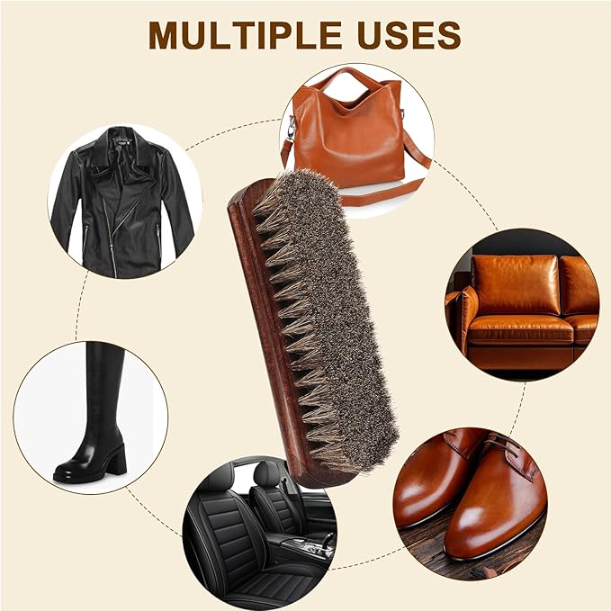 Professional 100% Horsehair Shoe Brush Premium Horsehair Dauber Applicators for Leather Shoes, Boots, Coats & Purses, Curved Handle for Comfortable Grip, Perfect for Leather Shine & Polish (3)