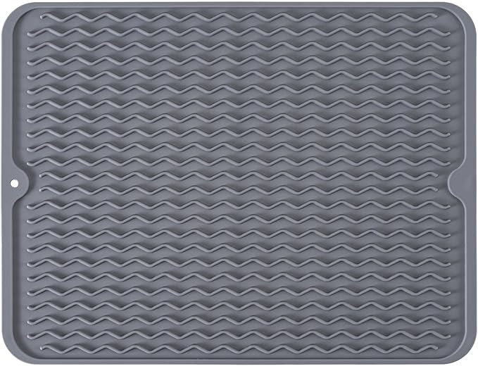 Silicone Dish Drying Mat, Non-Slip Easy Clean Sink Mat Large Heat-resistant Dish Drainer Mat for Kitchen Counter, Sink, Refrigerator or Drawer liner (16" x 12", GREY)
