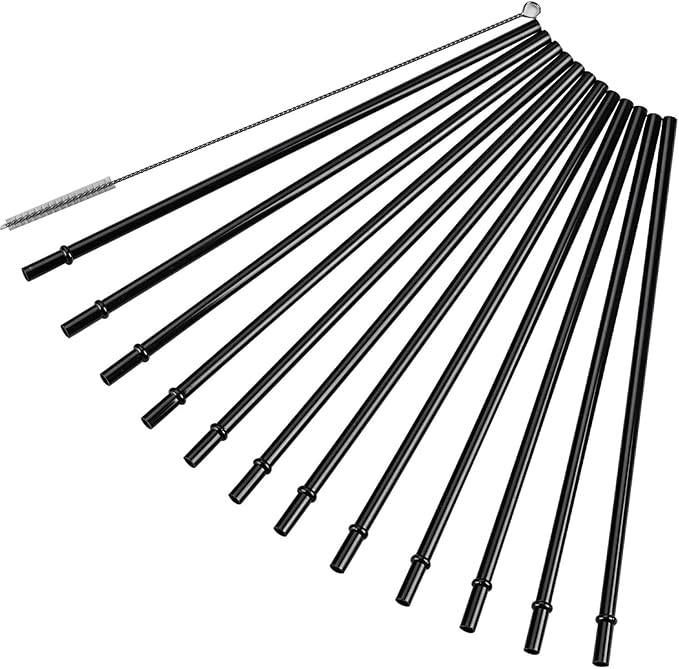 DAKOUFISH 13 Inch Long Black Reusable Plastic Replacement Drinking Straws for 40 oz & 50 oz Mason Jar,Tumblers, Set of 12 with Cleaning Brush (13inch, Black)