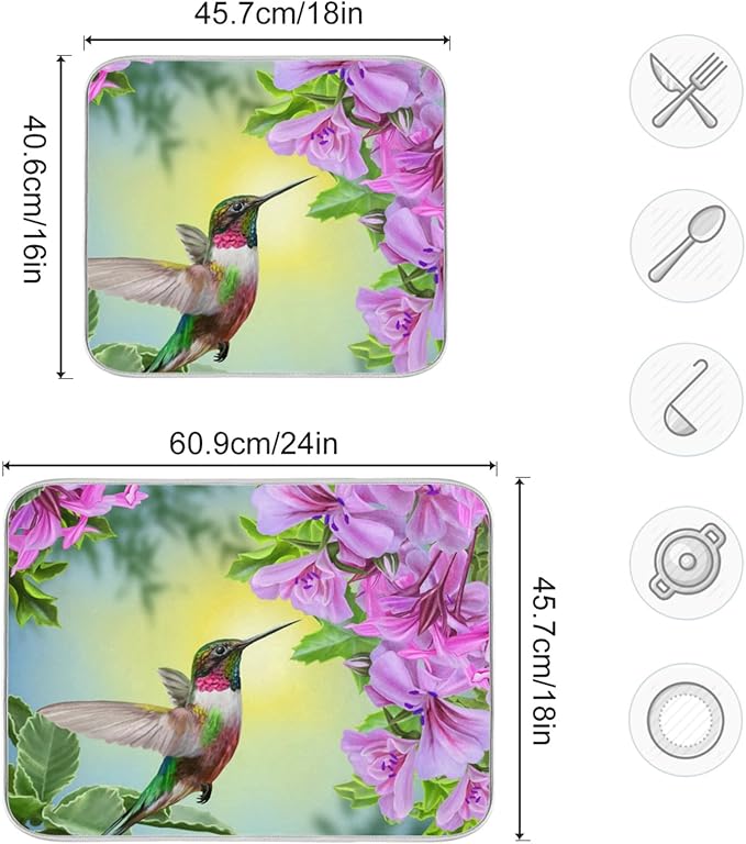 Tarity Hummingbird Flowers Dish Drying Mat for Kitchen Counter Absorbent Heat Resistant Microfiber Dishes Drainer Mat 18x24 in Large Dish Pad Sink Mat Protective Pad Kitchen Decor