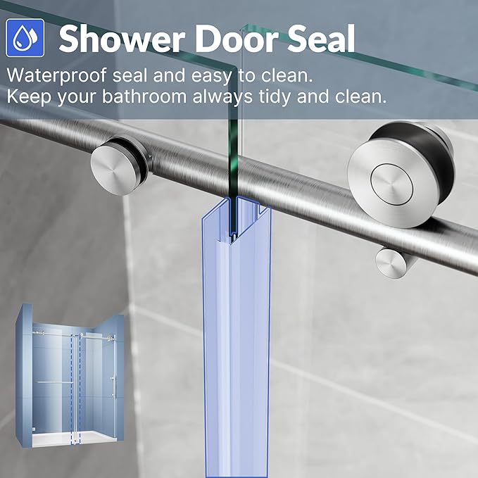 SUNNY SHOWER Frameless Shower Door 48" W x 76" H, Single Sliding Shower Glass Door, 5/16" Tempered Glass, Bathroom Sliding Door in Brushed Nickel