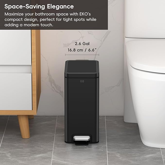EKO Small Bathroom Trash Can with Lid Soft Close, Step Pedal, 10 Liter / 2.6 Gallon Stainless Steel Garbage Can with Removable Inner Bucket, Anti-Fingerprint Finish (Matte Black)
