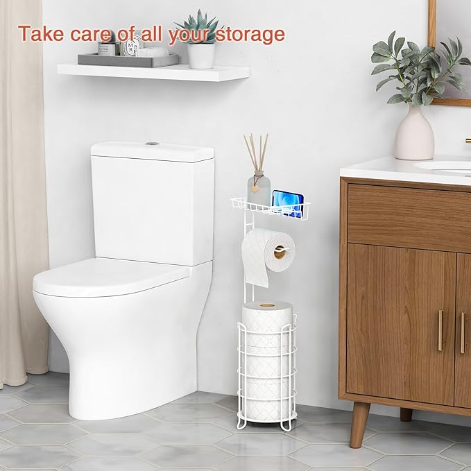 White Toilet Paper Holder Stand with Shelf, Free Standing Bathroom Tissue Holder for Large Mega Rolls, Metal Floor Toilet Paper Roll Holder with Wipes Storage and Phone Tray (White)