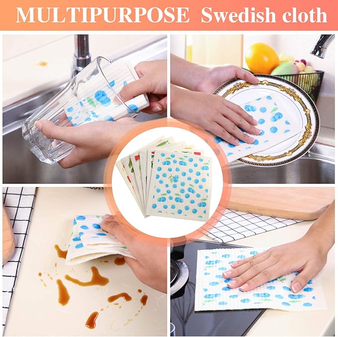 Patelai Mixed Fruit Swedish Kitchen Dishcloths Reusable Dish Towels Absorbent and Fast Dry Cleaning Cloths for Kitchen Blueberry Cherry Strawberry Lemon Pineapple Watermelon Cleaning Wipes (12 Count)