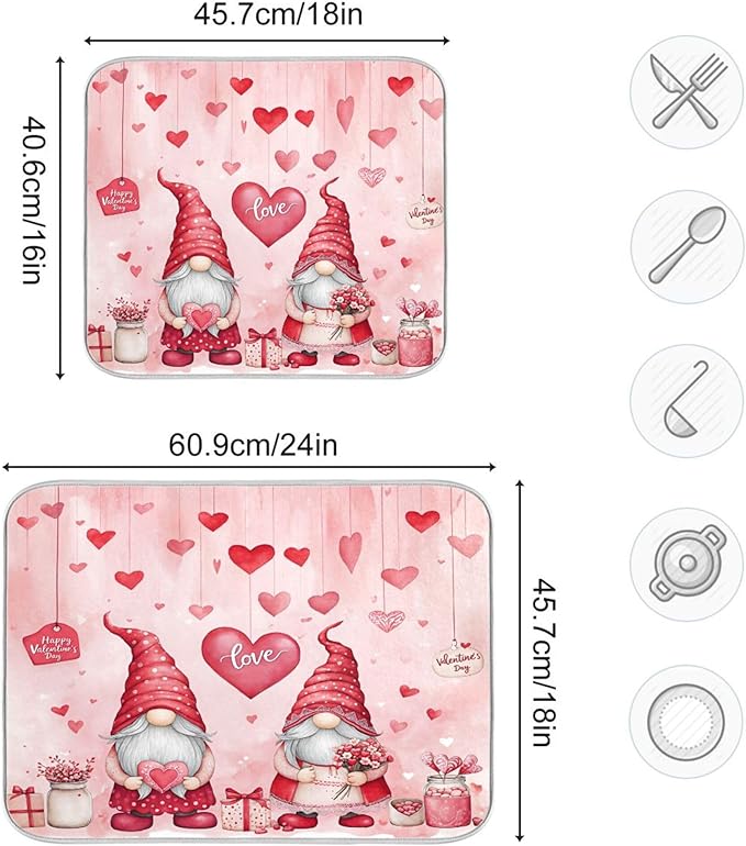 Valentine’s Day Gnomes Dish Drying Mat for Kitchen Countertop 18x24 Pink Love Heart Pink Large Drying Mat Reusable Quick Dry Dish Sink Mats Easy Clean Decorative Essentials