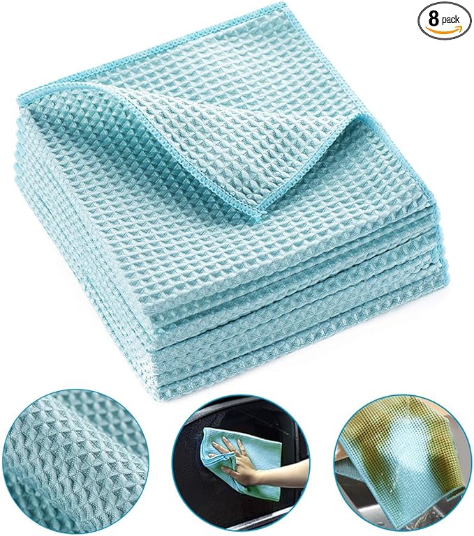8 Pack Waffle Weave Microfiber Towels,Premium 3D Mesh Waffle Weave Quick Drying Towel for Car Detailing,All-Purpose Streakless Microfiber Cleaning Cloth Kitchen Dish Rags,12 x 12 Inches,Blue