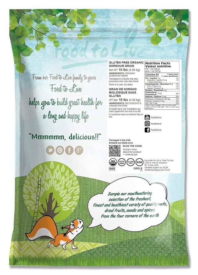 Food to Live Gluten Free Organic Whole Grain Sorghum, 10 Pounds - Non-GMO White Groats. Raw Milo Seeds. Vegan, Bulk Broom-corn. Durra is Great for Making Flour and Popped Jowar Dhani. Made in USA