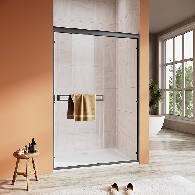 Shower Door 44-48 in. W x 72 in. H, UCALAFEE Semi-Frameless Double Sliding Shower Door with 1/4" (6mm) SGCC Clear Tempered Glass, Silent Soft-Close & Anti-Leak Walk-in Shower Door, Matte Black