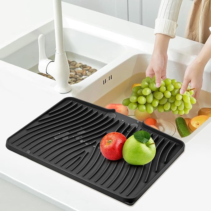 Silicone Dish Drying Mat, Stone Drying Mat for Kitchen Counter with Built-In Drain, Non-Slip Drain Pad with Built-in Drain, Heat Resistant Stone Drying Mat, 1Pcs Black(20" x 15")