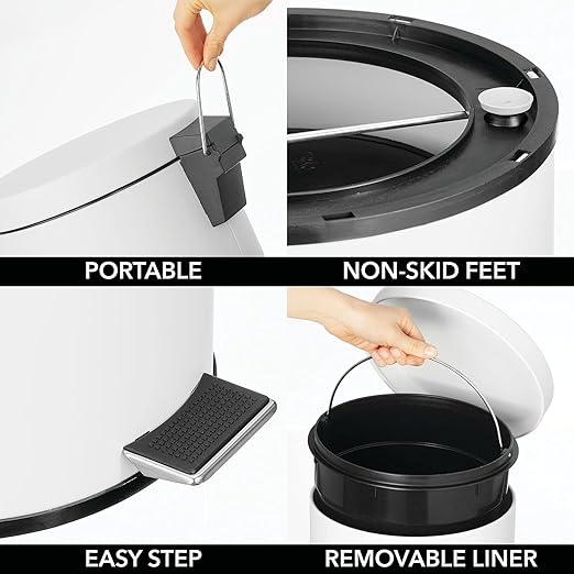 mDesign Tall 30 Liter, Large Round Metal Lidded Step Trash Can, Thin Compact Garbage Bin with Removable Liner Bucket for Bathroom, Kitchen, Craft Room, Office, Garage - White