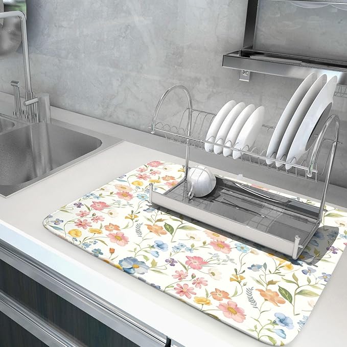 Khope Spring Dish Drying Mat for Kitchen Counter 18x24 Inch Summer Colorful Floral Reusable Washable Drying Pad Countertop Home Decor