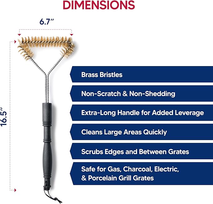 HIC Kitchen Roasting 3-Sided Grill Cleaning Brush with Non-Scratch Brass Bristles, 16.5-Inches Long
