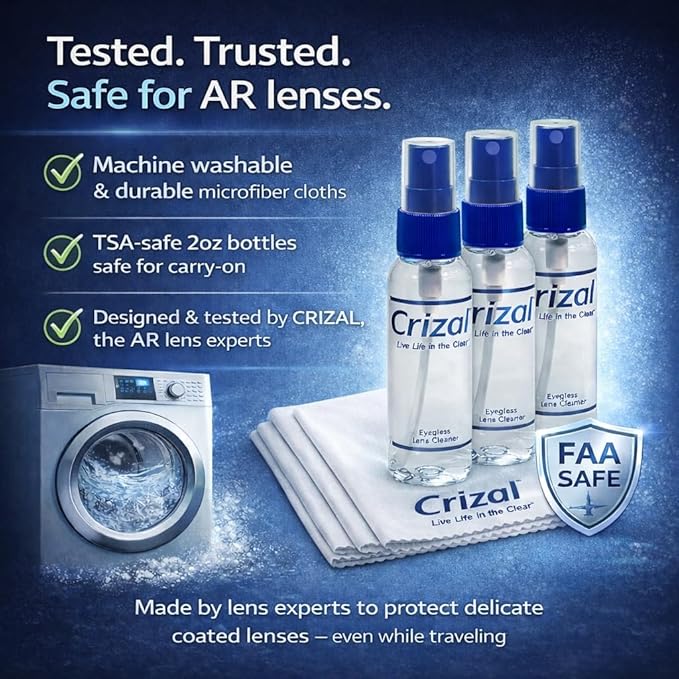 Eyeglass Lens Cleaning Kit with Pouch – 2 x 2oz Spray + Microfiber Cloth – Designed & Tested for AR-Coated Lenses – Complete Lens Care System