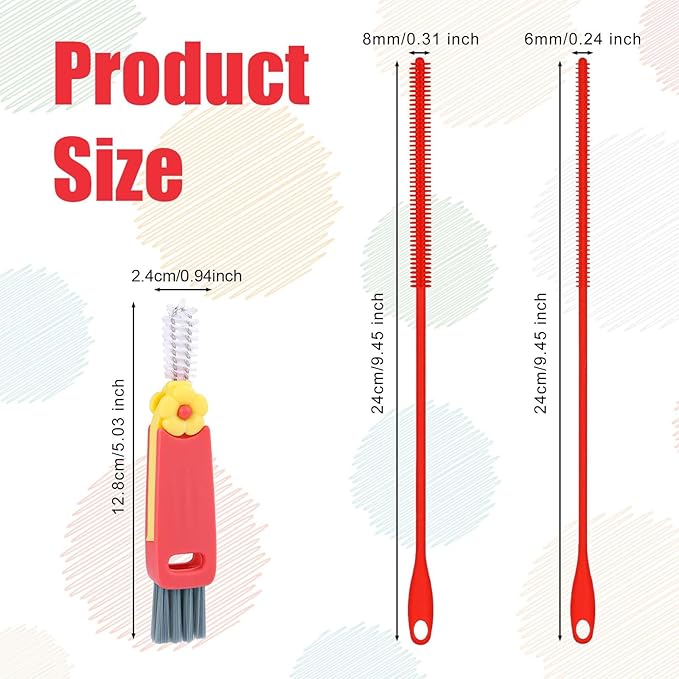 3pcs Silicone Straw Brush and Cup Lid Cleaning Brush, Ultra Long Straw Cleaning Brush Reusable Bendable Silicone Straw Cleaner Pipe Brush Cup Lid Cleaner for Cleaning Bottles Straws (6mm+8mm, Red)