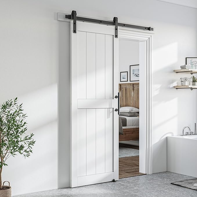 SmartStandard 28 x 84 inch White Sliding MDF Barn Door with 5FT Black Sliding Door Hardware Kit & Handle, Pre-Drilled Ready to Assemble, Waterproof PVC Coating, H-Frame
