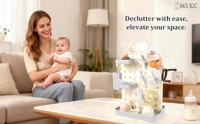 Baby Bottle Drying Rack Space Saving Countertop Vertical Rack with Brushes Holder (Gray)
