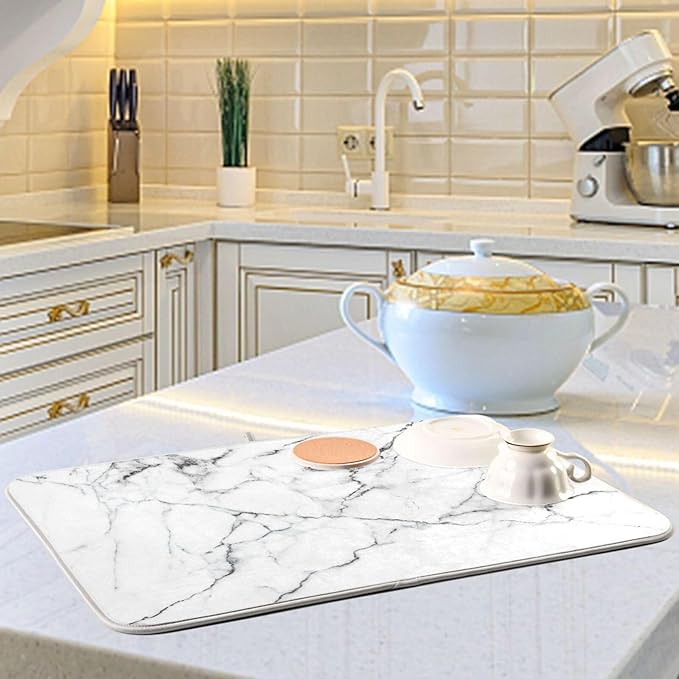 White Grey Marble Dish Drying Mat for Kitchen Counter Absorbent Microfiber Drying Pad, Medium 16x18 in, Reversible Drainer Mats