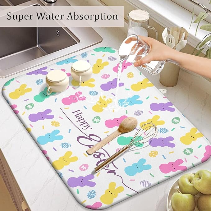Happy Easter Dish Drying Mat for Kitchen Counter,Cute Bunny Microfiber Drying Mat,Washable Absorbent Kitchen Countertop Dish Mat Drain Pad 18×24 Inch