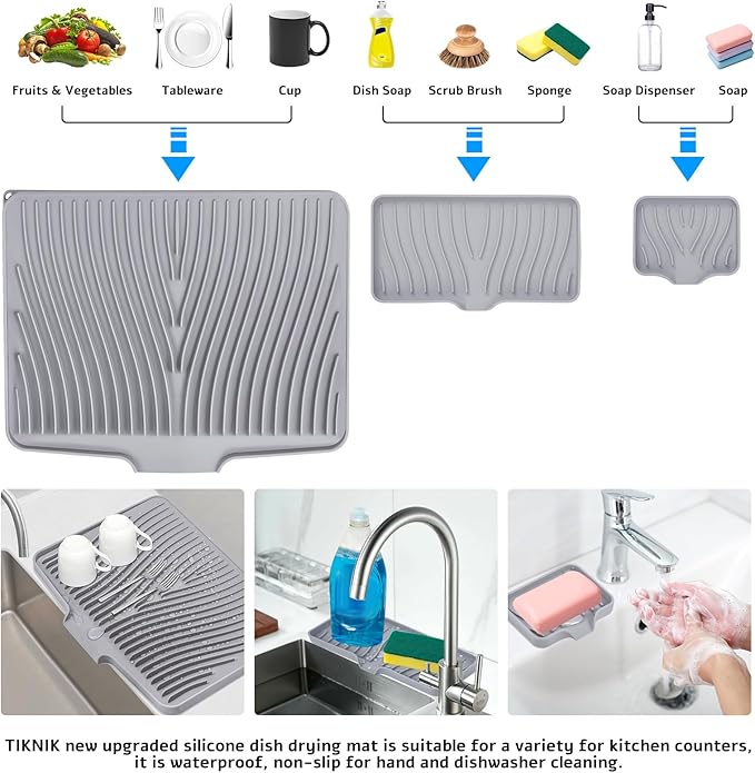 Silicone Dish Drying Mat, Stone Drying Mat for Kitchen Counter with Built-In Drain, Non-Slip Drain Pad with Built-in Drain, Heat Resistant Stone Drying Mat, Grey-1Set, 20" x 15"