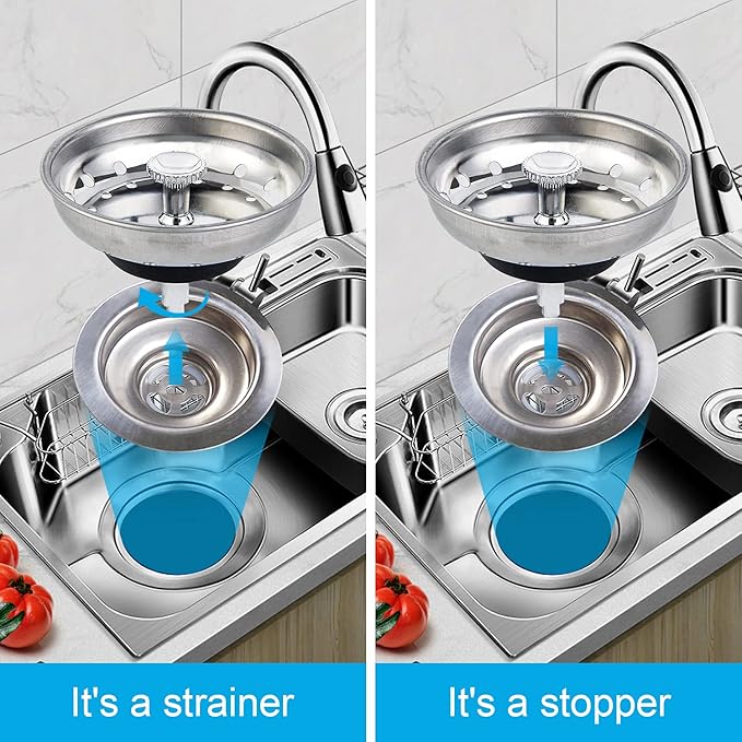 2 PCS Kitchen Sink Strainer and Stopper Combo Basket Replacement for Standard 3-1/2 inch Drain,Stainless Steel Basket with Rubber Stopper Bottom
