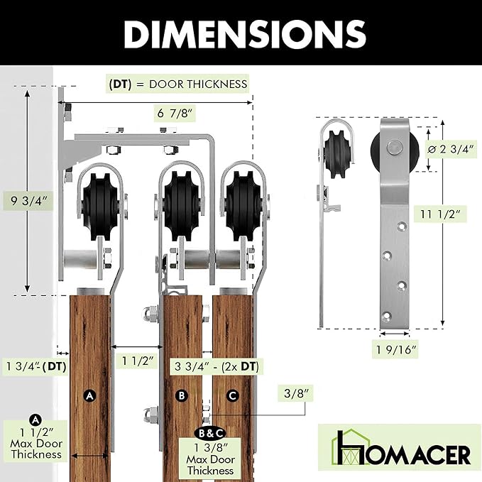 Homacer Brushed Nickel Rustic Triple Track Bypass Sliding Barn Door Hardware Kit (for Door Thickness 1-1/4in~1-3/8in), Three 12ft Long Flat Tracks,for Three Interior Doors（Doors NOT Included）