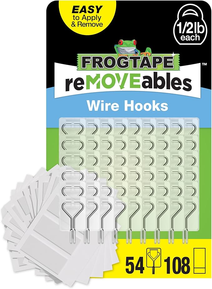 FrogTape reMOVEables Damage Free Adhesive Hook - Removable & Reusable Small Wire Wall Hooks for Hanging - No Nails - Includes 54 Hooks & 72 Adhesive Strips - Holds up to 0.5 lb - Clear (Pack of 54)