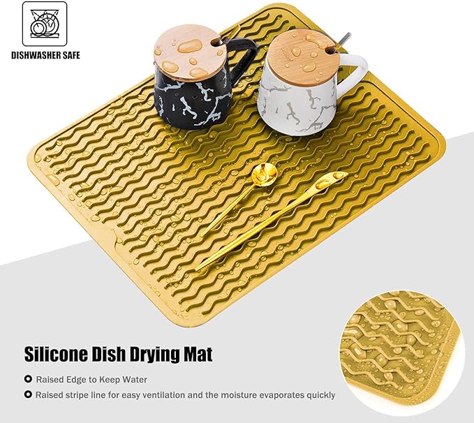 Large 17" x 14" Silicone Dish Drying Mat for Kitchen Counter, Easy clean, Quick Dry, Heat-resistant Dish Drainer Mat for Sink,Refrigerator or Drawer liner (Food Grade Silicone-Yellow)