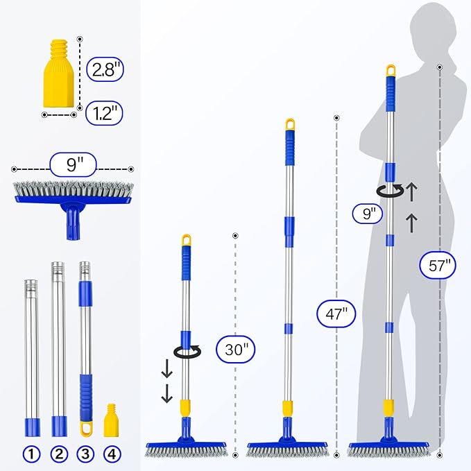 ITTAR Grout Brush with Long Adjustable Handle, Swivel Scrub Brush, V-Shape Grout Line Scrubber with Stiff Bristle for Deep Cleaning Tile Grout, Shower, Kitchen, Hard-to-Reach Corners