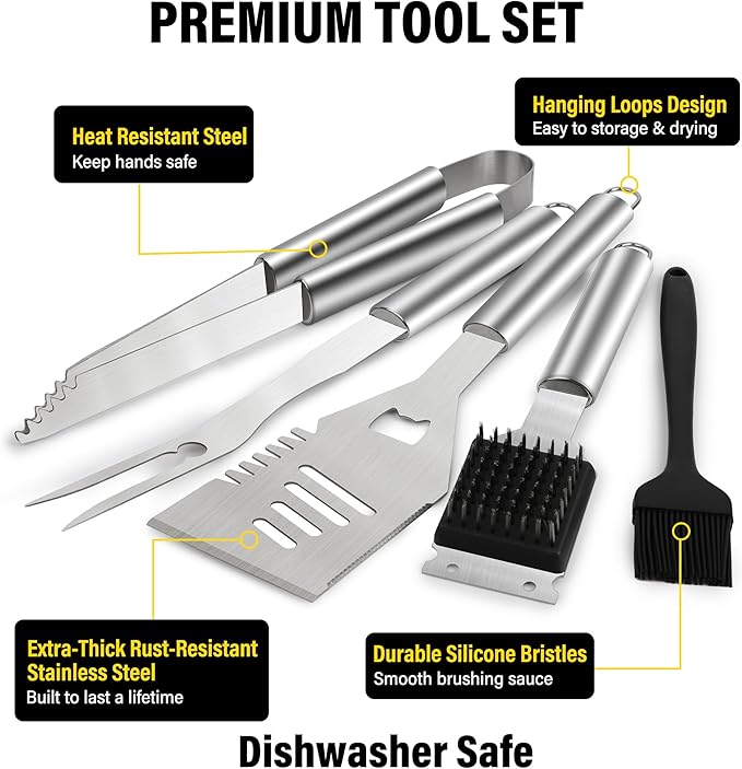 BBQ Grill Accessories Set, Grill Tools Grilling Accessories Grilling Gifts for Men - Spatula, Fork, Brush, Tongs & Cleaning Brush - Outdoor Barbecue Utensils Gifts for Men Dad Him (Sliver)