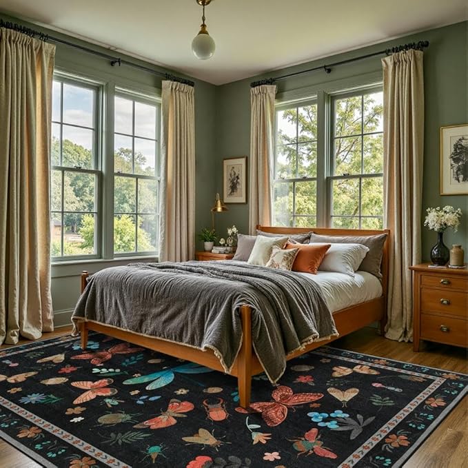 5x7 Washable Area Rugs for Bedroom & Living Room - Insect Floral Boho Vintage Rug,Soft & Non-Slip,Low Pile Wool Carpet for Indoor Dining Room,Girls Room,Nursery Room and Kids Room(Black)
