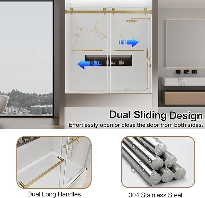56-60" W x 60" H Double Sliding Bathtub Shower Door, 5/16" (8mm) Tempered Glass Frameless Shower Glass Door, Double Nano Coating, Pull Towel Rack (Brushed Gold)