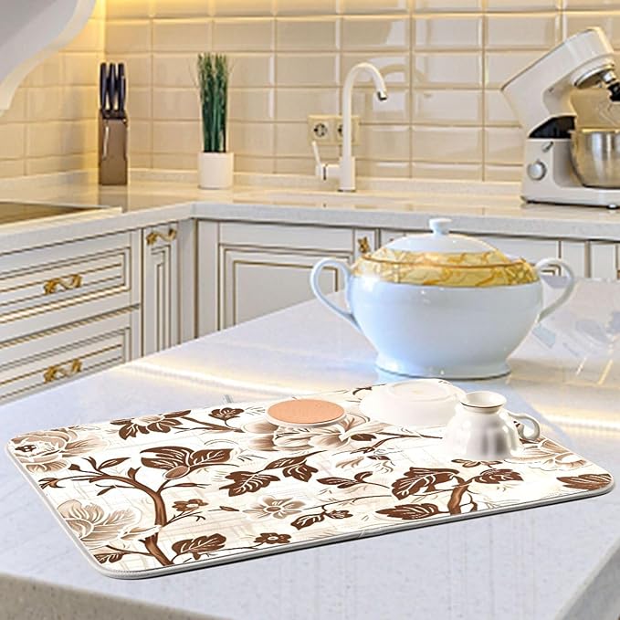 Brown Beige Floral Leaves Dish Drying Mat for Kitchen Counter Absorbent Microfiber Drying Pad, Medium 16x18 in