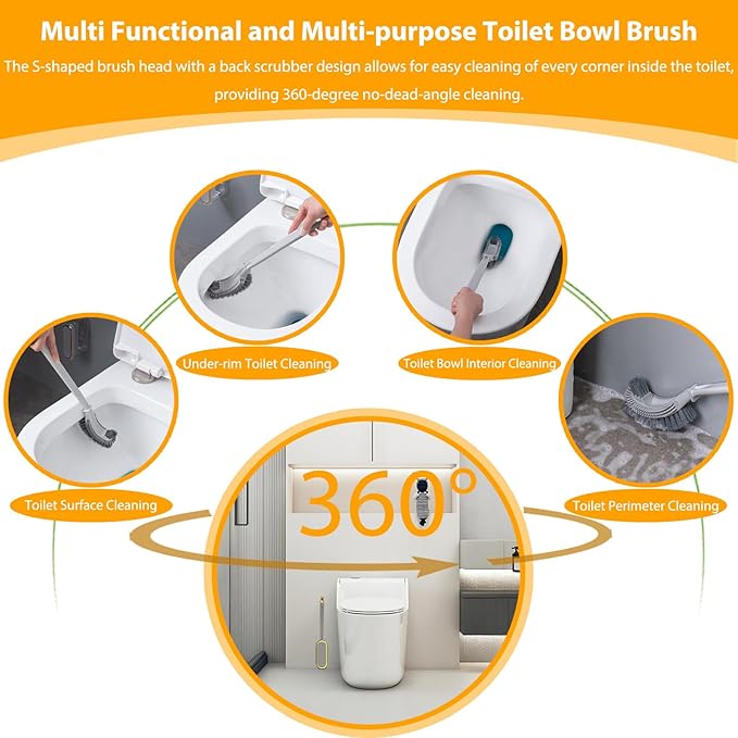 2 Pack Wall Mount Toilet Brush and Holder Set with Back Scrubber - S-Shaped Toilet Bowl Cleaner with Solid Handle, Under Rim Cleaning Brush for Bathroom, Compact Space-Saving Design (Gray)