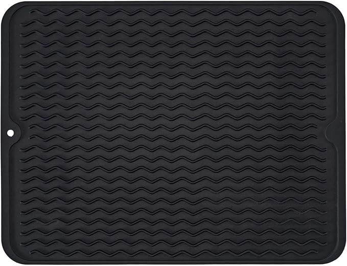 Silicone Dish Drying Mat, Non-Slip Easy Clean Sink Mat Large Heat-resistant Dish Drainer Mat for Kitchen Counter, Sink, Refrigerator or Drawer liner (18" x 16", BLACK)