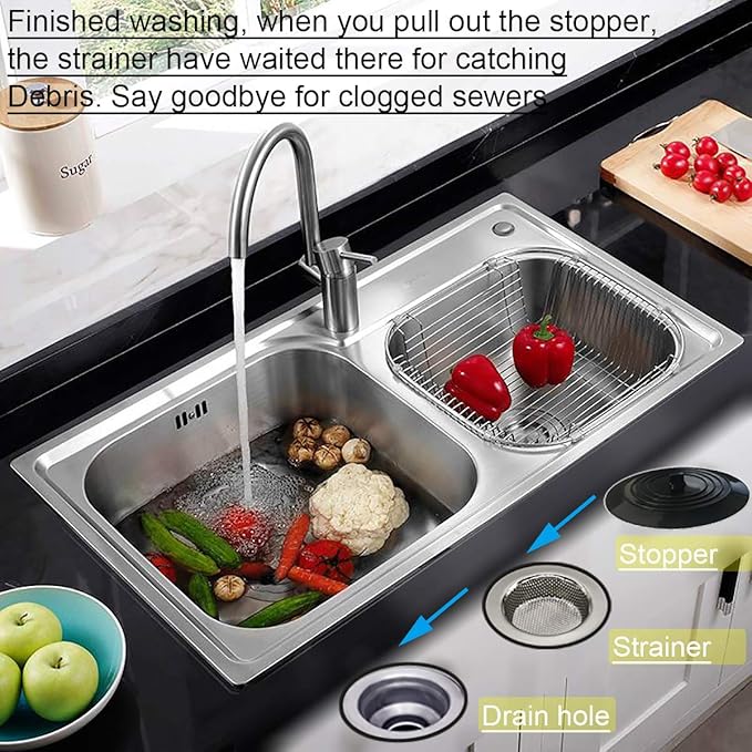 4PCS Kitchen Sink Strainer Stopper Kit, Universal Silicone Sink Drain Plug Cover, Drain Water Stopper, 4.5 Inch Stainless Steel Sink Drain Strainer, Food Debris Catcher for Kitchen