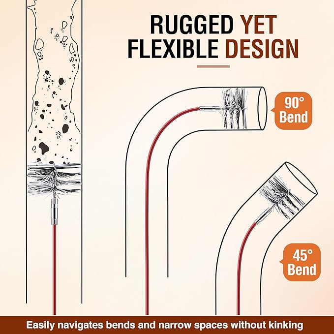 Feekoon Pellet Stove Cleaning Kit, 20 FT Flexible Steel Rod with 4" Brush Head, Flue Detail Cleaner, Pellet Stove Accessories for Vent Pipes Cleaning - Reduce Buildup & Improve Airflow