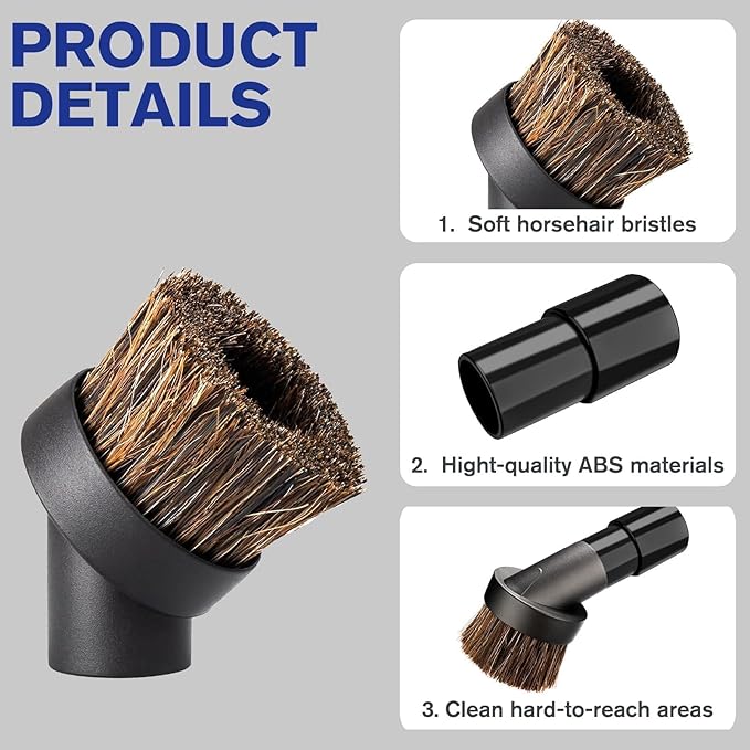 Round Soft Horse Hair Vacuum Brush Attachment For Shark Vacuum Brush Attachment With 1-1/4" to 1-3/8" Hose Adapter, Vacuum Attachments & Brushes For Shark Vacuum Attachments, Deep Car Upholstery & Nar