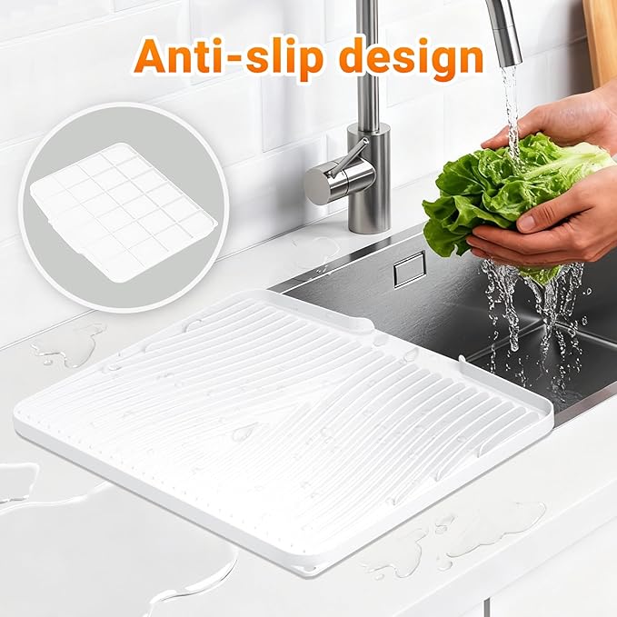 Silicone Dish Drying Mat for Kitchen Counter, Dish Drying Pad, Non-Slip Drain Pad with Built-in Drain, Heat Resistant Stone Drying Mat,Ivory-2pcs
