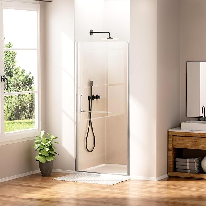 WinZo 33-34" W ×72" H Frameless Pivot Shower Door, Pivot Swing Shower Glass Doors with 1/4"(6mm) SGCC Clear Tempered Glass,Explosion-Proof Film, Reversible Installation, Brushed Nickel