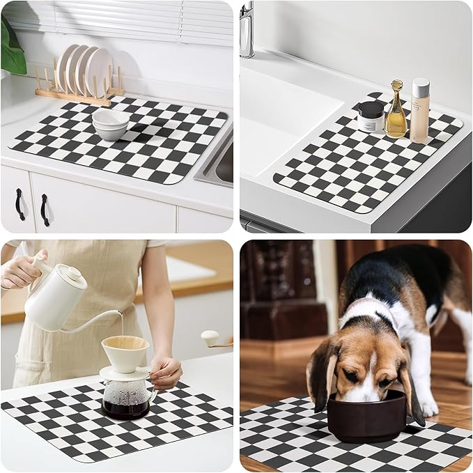Checkered Dish Drying Mat for Kitchen Counter, Absorbent Non-Slip Coffee Mat, Heat Resistant Mat for Countertops Coffee Bar Decor 16" x 24" Black